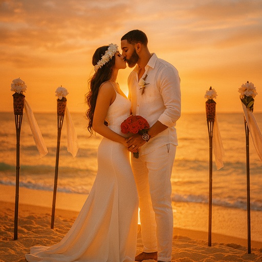 Tiki Parasol package with decorated torches and parasols